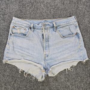 Levi's 501 Shorts Women's W33 Blue Cutoff Distressed Button Fly Raw Hem